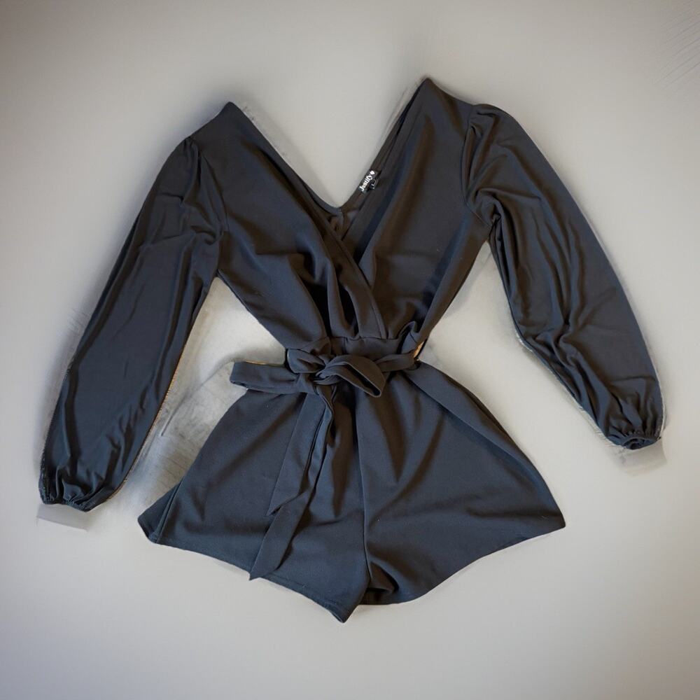 Vintage Y2K Justify Deep Plunge Shorts Romper Sheer Sleeve Goth Boho Size L - Picture 2 of 13